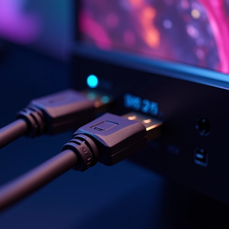 Conexões DisplayPort e HDMI lado a lado em um PC gamer.