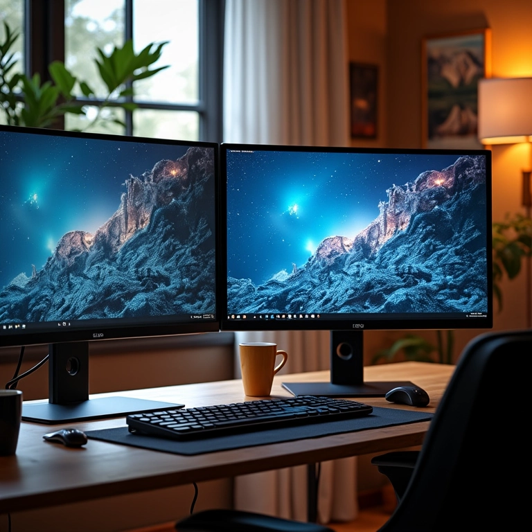 Configuração com dois monitores ultrawide curvos para aumentar a produtividade no trabalho.