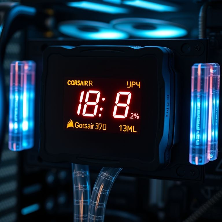 Cooler Corsair H100i Elite LCD mostrando temperatura da CPU.