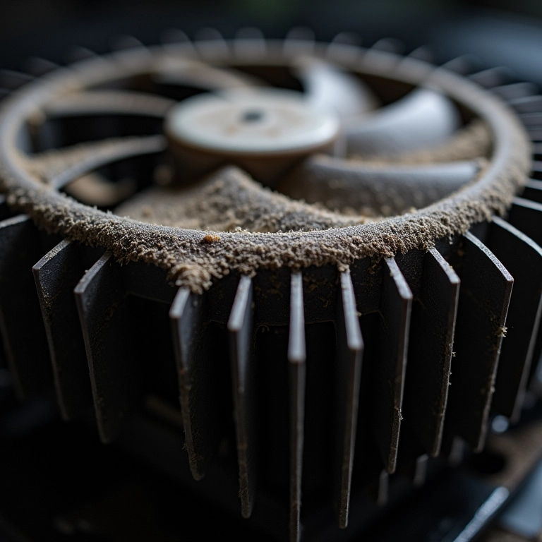 Cooler de CPU com acúmulo excessivo de poeira nas aletas.