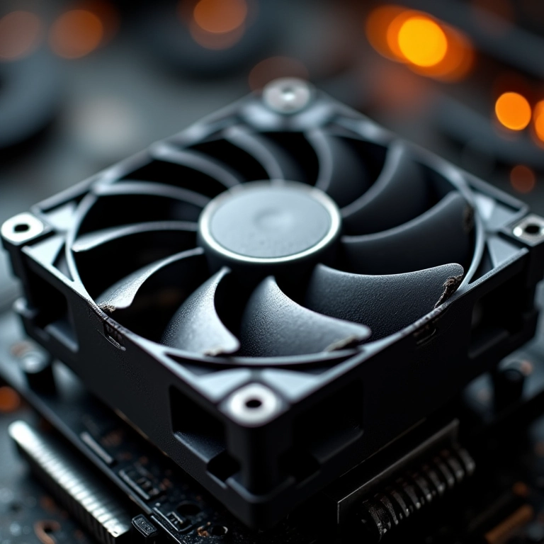 Cooler de CPU desgastado com lâminas danificadas e vibração.