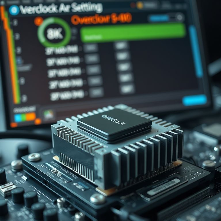 CPU com o dissipador removido mostrando configurações de overclock no monitor.