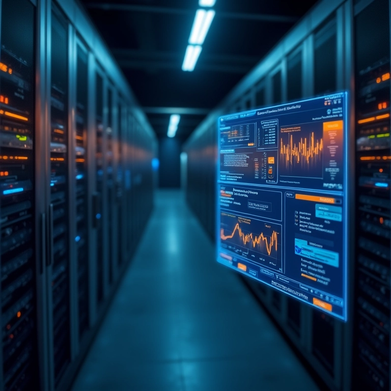 Dashboard AWS Amplify visualizado em data center brasileiro de alta tecnologia, mostrando escalabilidade.