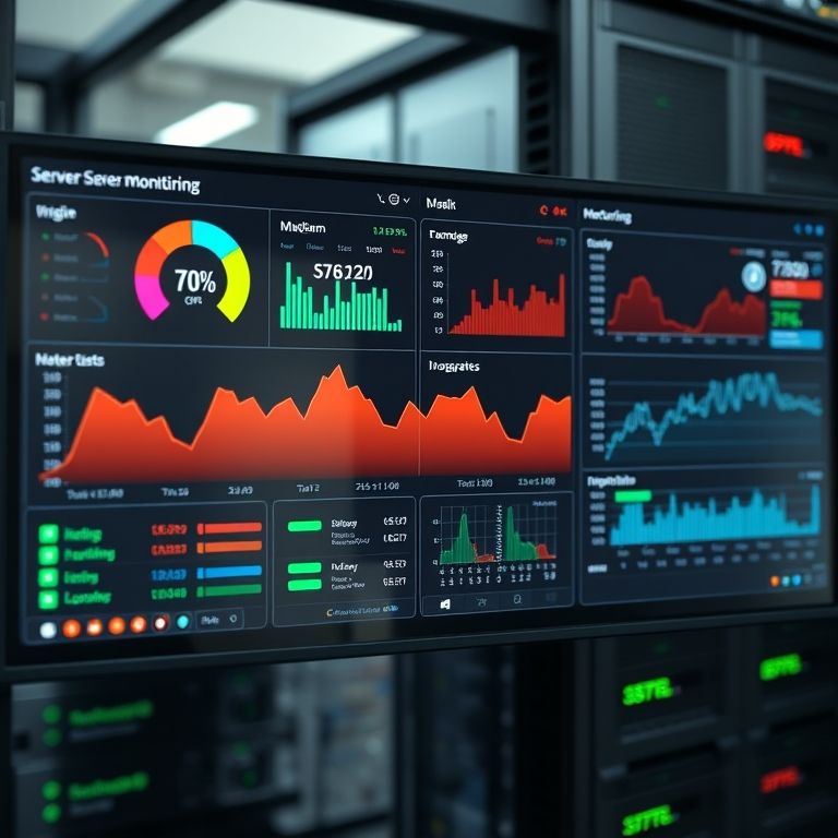 Dashboard de monitoramento de servidores mostrando uso de CPU e memória durante testes JMeter.