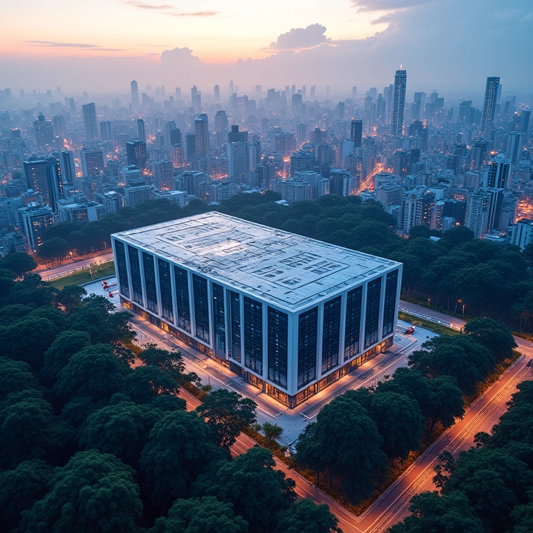 Data center moderno em São Paulo, cercado pela cidade.