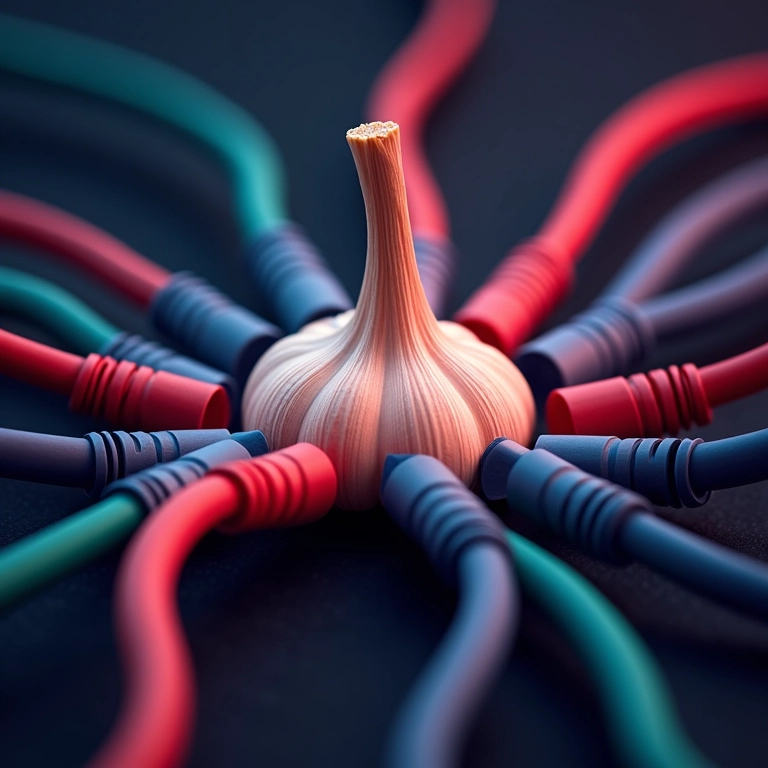 Dente de alho cercado por cabos de rede representando o roteamento de alho.