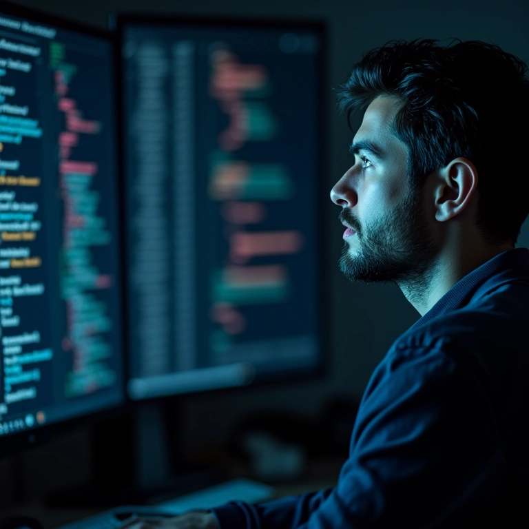 Desenvolvedor frustrado com erros no código, usando Bugsnag ou Sentry.