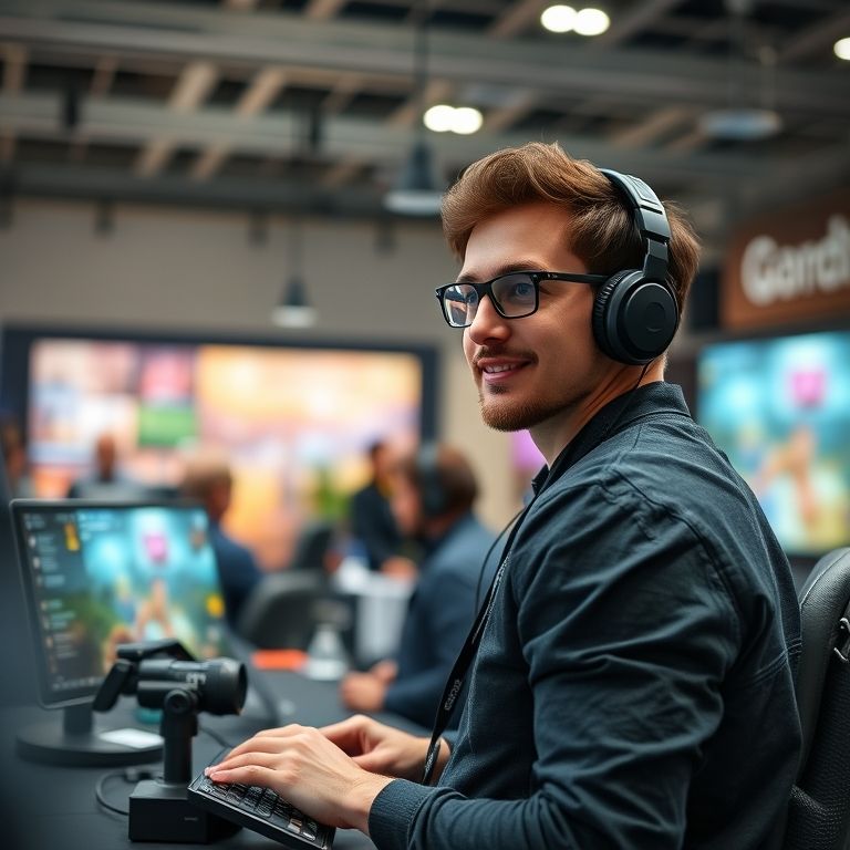 Desenvolvedor mostrando seu jogo feito com Godot Engine em uma conferência.