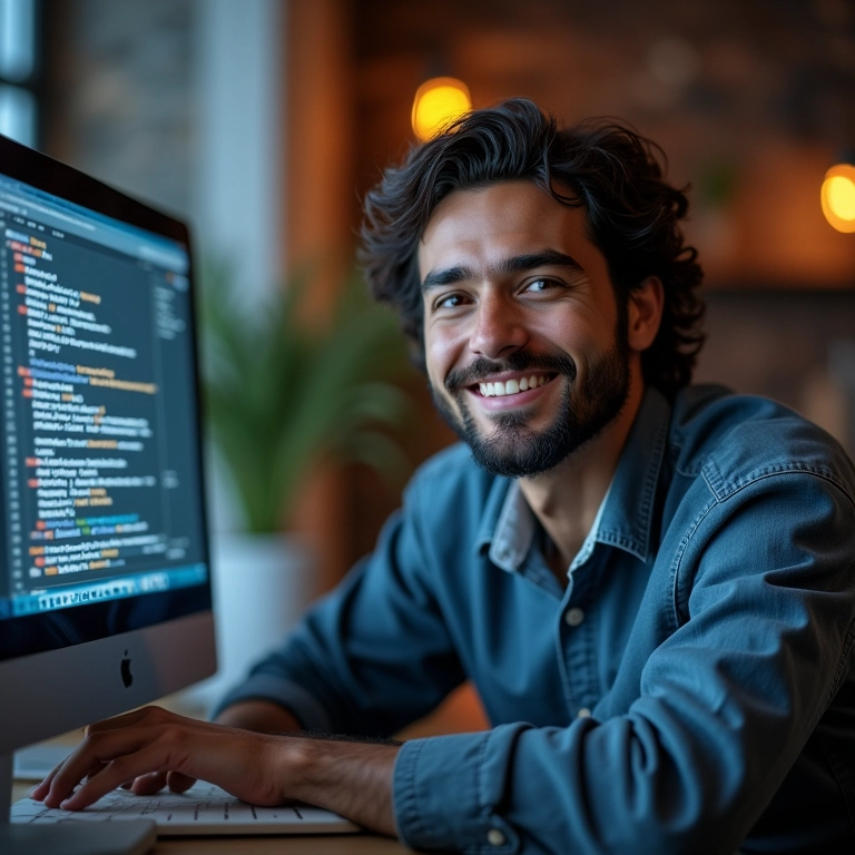 Desenvolvedor sorrindo enquanto trabalha com código JSON, destacando a facilidade de uso.