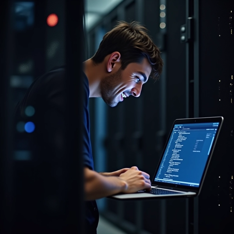 Desenvolvedor sorrindo trabalhando em laptop com código, demonstrando a facilidade da hospedagem estática.