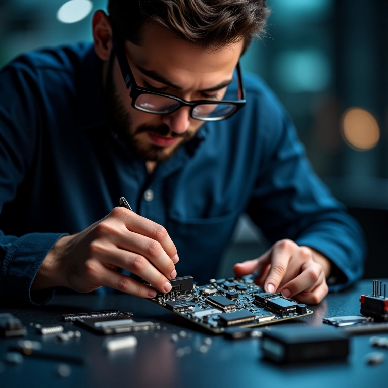 Desenvolvedor trabalhando com placa de microcontrolador.