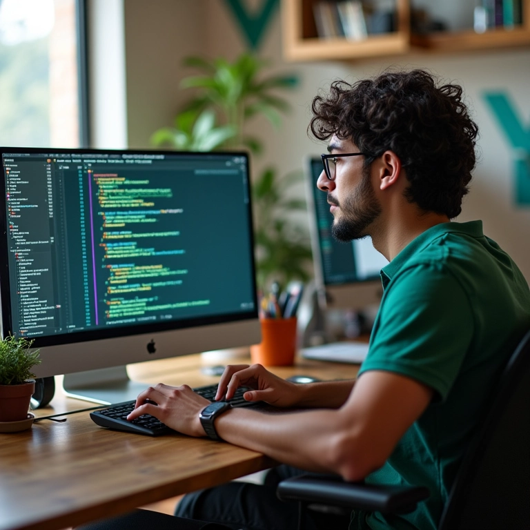 Desenvolvedor trabalhando em projeto Vue.js em um escritório vibrante e moderno.