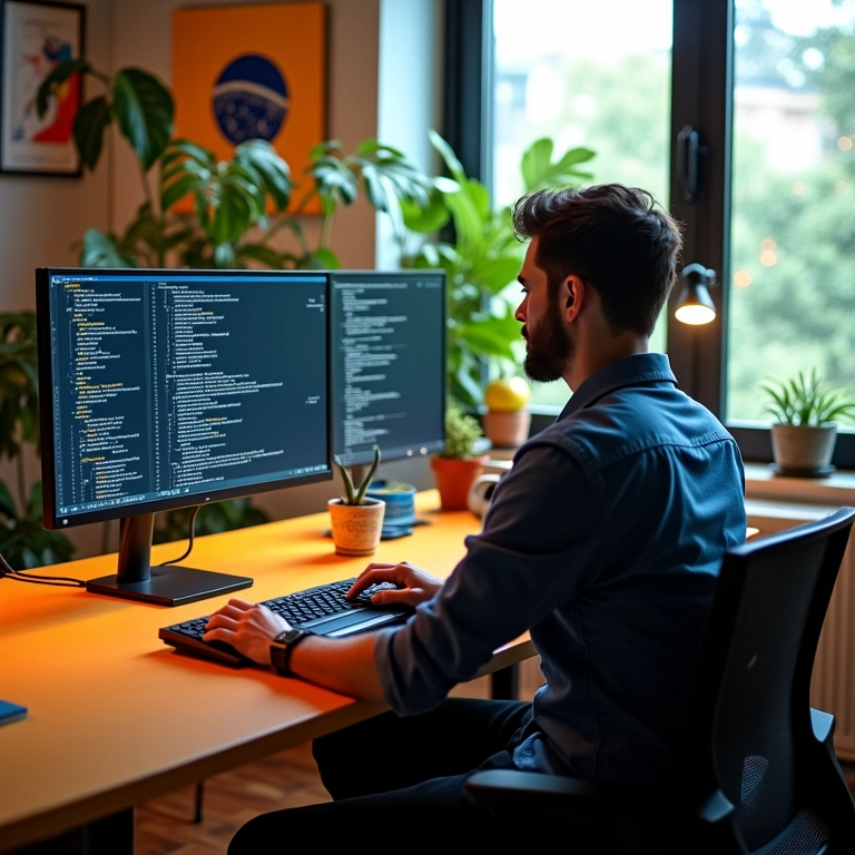 Desenvolvedor trabalhando em um SDK com escritório vibrante.