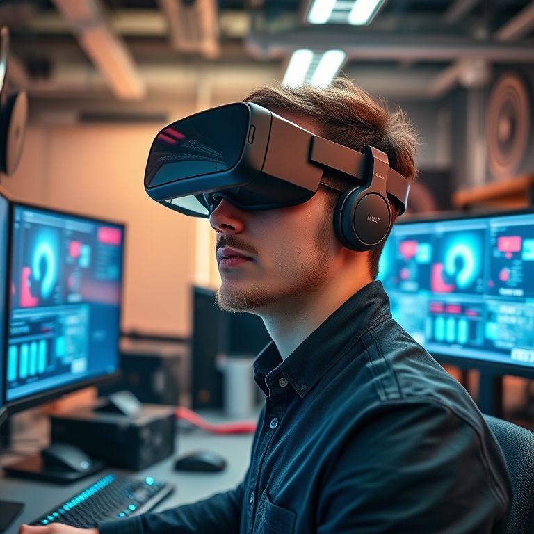 Desenvolvedor utilizando óculos de realidade mista em ambiente de trabalho moderno.