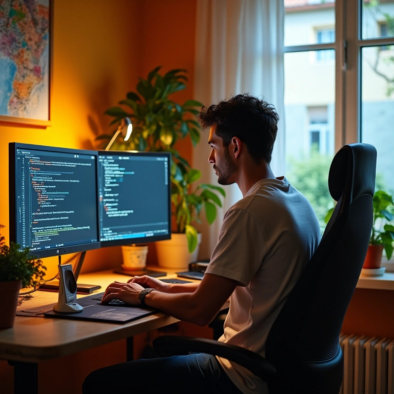 Desenvolvedor web trabalhando em casa, ambiente vibrante com decoração brasileira e dois monitores.