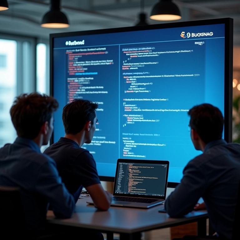 Desenvolvedores colaborando em torno de dados de rastreamento de erros Bugsnag.