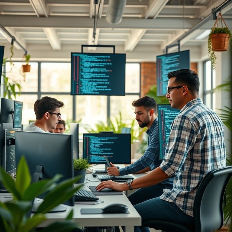 Desenvolvedores colaborando em um escritório vibrante, com trechos de código exibidos em telas.