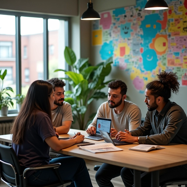 Desenvolvedores colaborando em um espaço de co-working moderno usando Supabase.