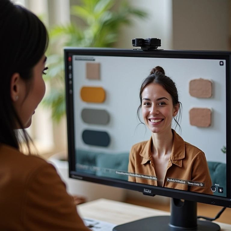 Designer compartilhando dicas de paleta de cores em uma chamada de vídeo.
