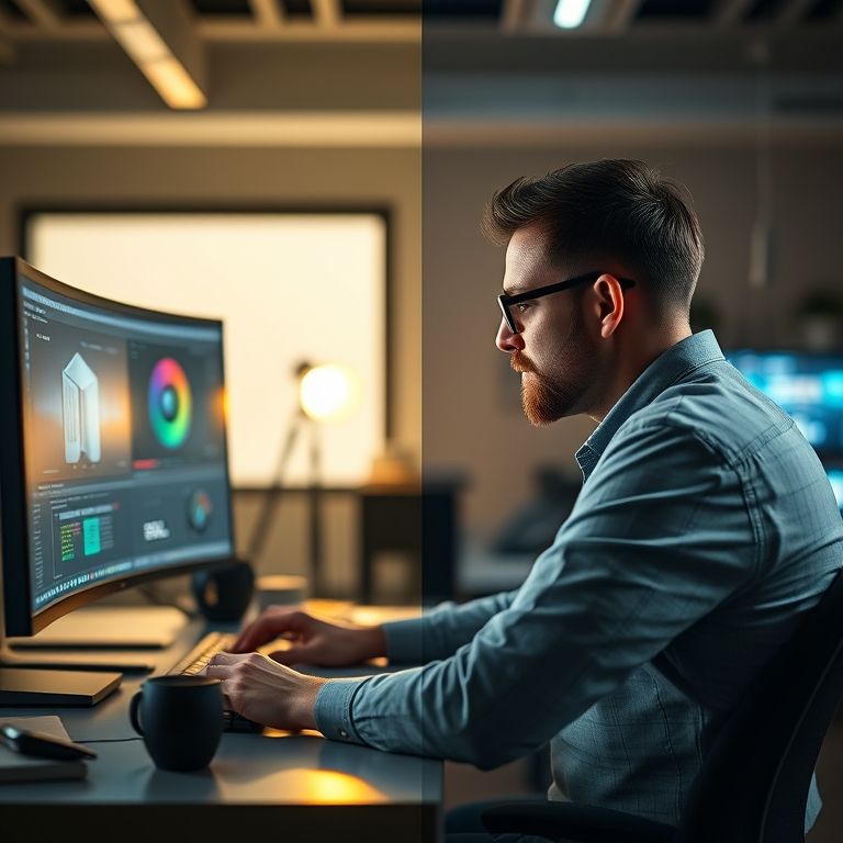 Designer trabalhando com e sem placa de vídeo dedicada em software de iluminação.