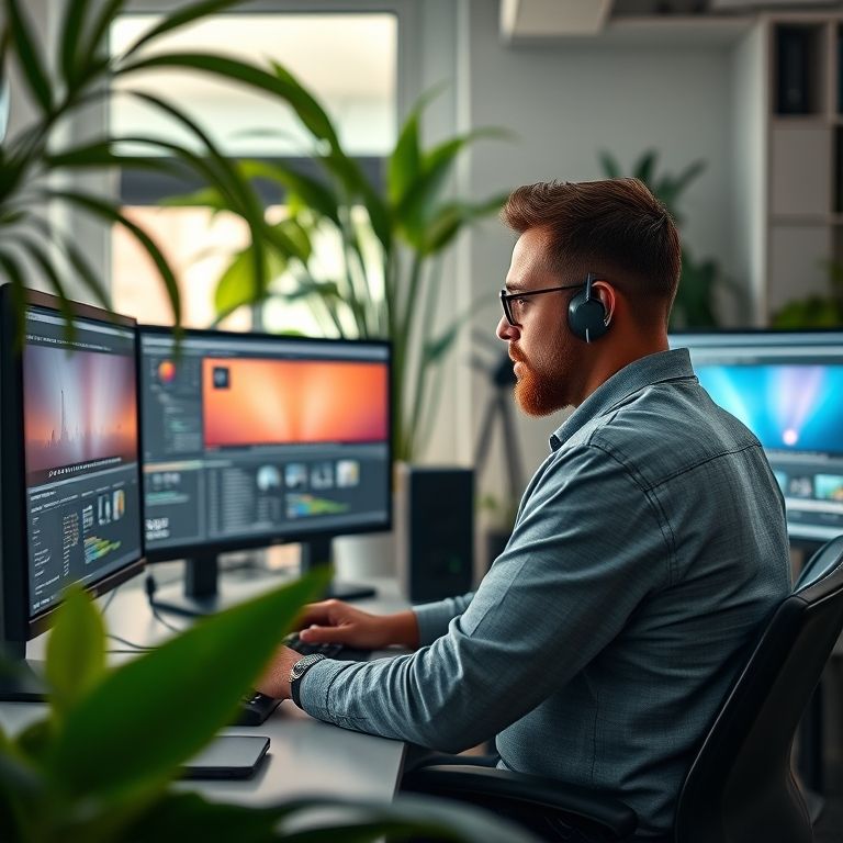 Designer trabalhando com software de iluminação em setup com múltiplos monitores.