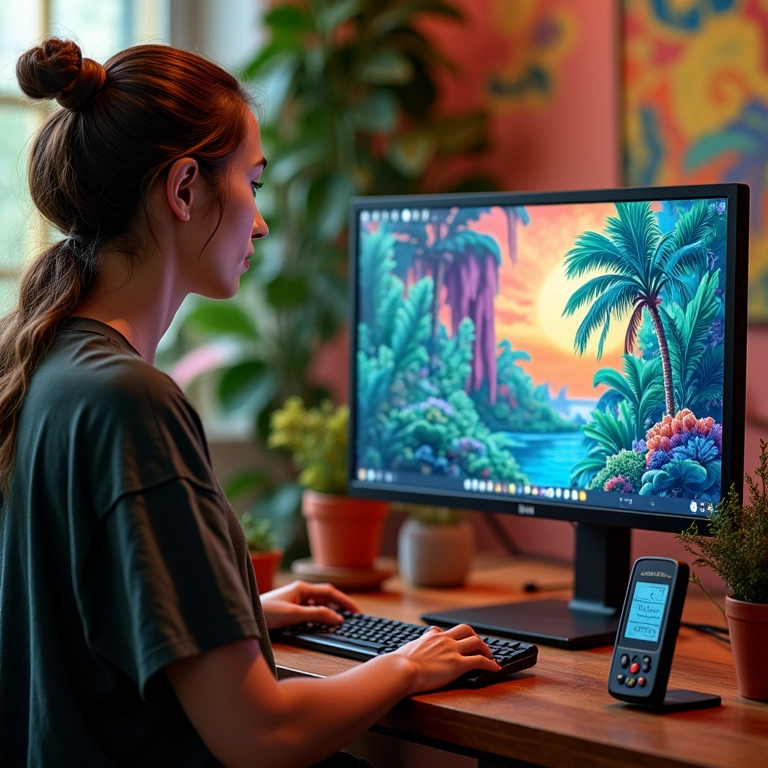 Designer trabalhando em um projeto complexo, calibrando o monitor com um colorímetro em um escritório vibrante.