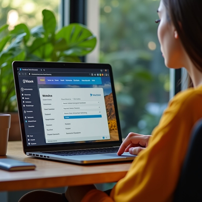 Designer trabalhando remotamente com opções de hospedagem de sites visíveis na tela do laptop.