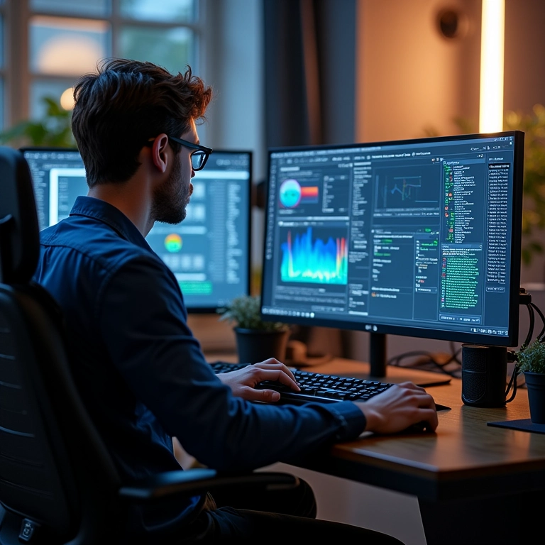 Designer usando PC modular com múltiplos monitores e software criativo.