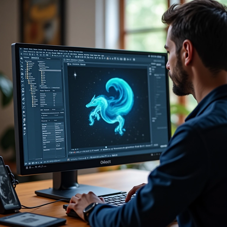 Designer usando software de design em um computador de alta performance.
