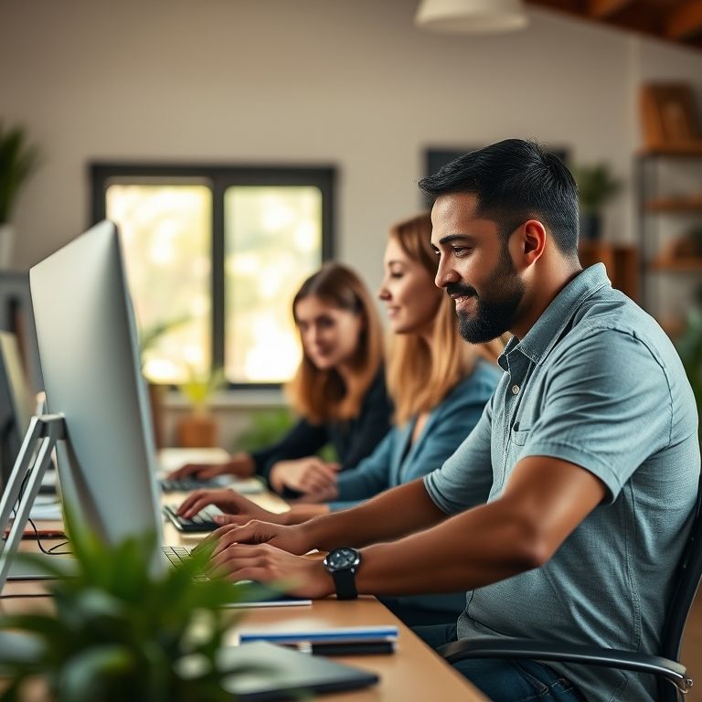 Designers diversos trabalhando com a interface do WordPress, personalizando websites.