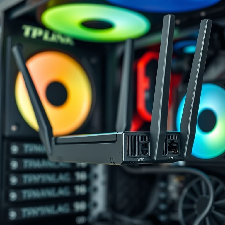 Detalhe da placa de rede TP-Link Archer TX3000E Wi-Fi 6 instalada em um PC.