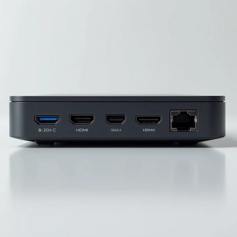 Detalhe das portas de uma dock station: USB-C, HDMI, USB-A, Ethernet, SD card.
