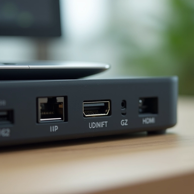 Detalhe das portas e conexões de uma dock station: USB, HDMI, Ethernet.