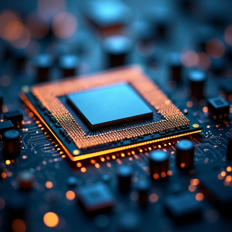 Detalhe de um chip de processador com circuitos complexos.