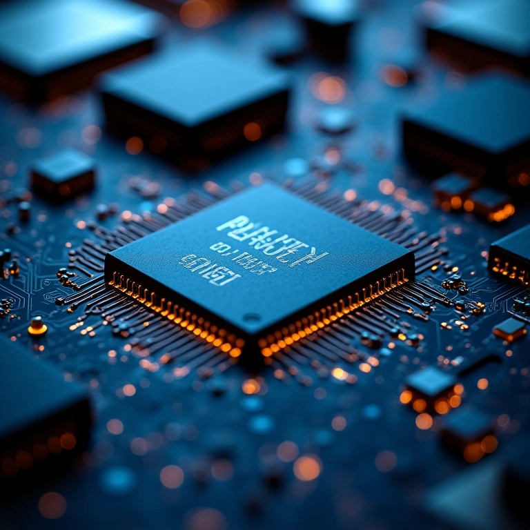 Detalhe de um chipset de placa mãe com circuitos complexos.