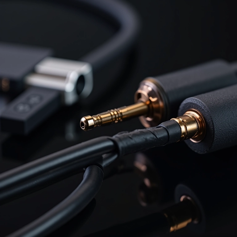 Detalhe de um DAC e amplificador de fone de ouvido com cabos blindados.