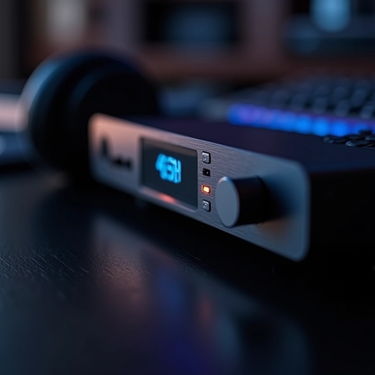 Detalhe de um DAC e amplificador de fone de ouvido de alta qualidade conectado a um PC moderno.