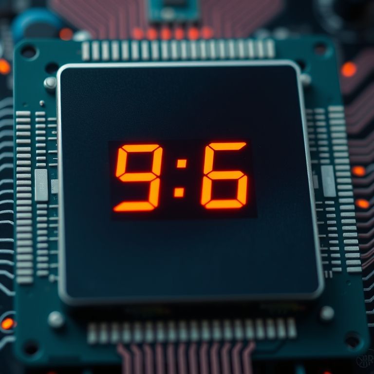Detalhe de um processador mostrando a frequência do clock.