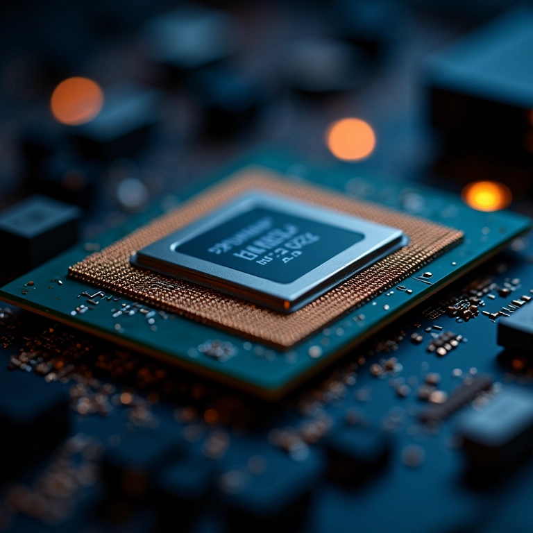 Detalhe de um processador mostrando núcleos e threads.