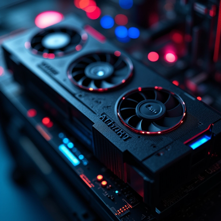 Detalhe de uma placa de GPU potente dentro de um servidor, destacando o coração do servidor de IA.