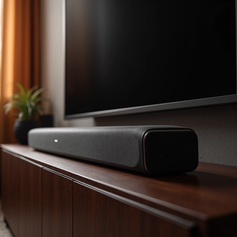 Detalhe de uma soundbar Dolby Atmos de alta qualidade sob uma TV.