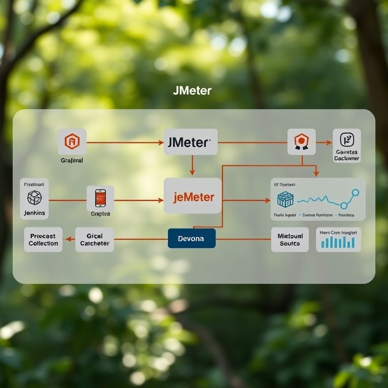 Diagrama mostrando a integração do JMeter com Jenkins, Grafana e outras ferramentas DevOps.