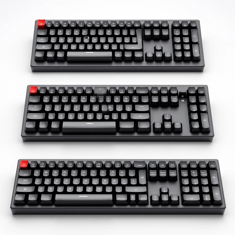 Diferentes layouts e tamanhos de teclados mecânicos: 60%, TKL e full-size.