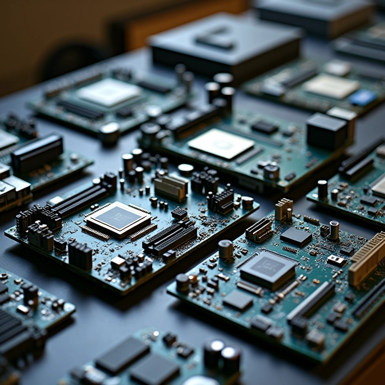 Diversas placas-mãe em bancada, mostrando diferentes chipsets e formatos.