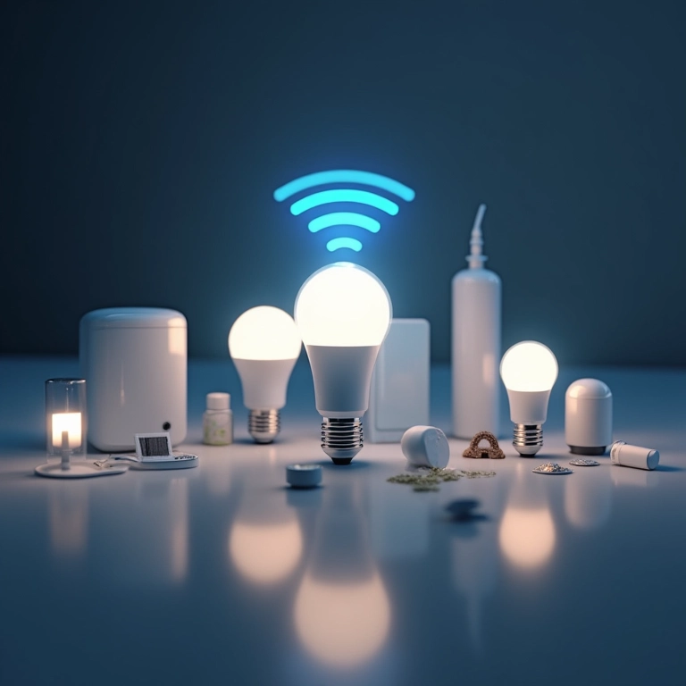 Diversos dispositivos de casa inteligente conectados sem fio.