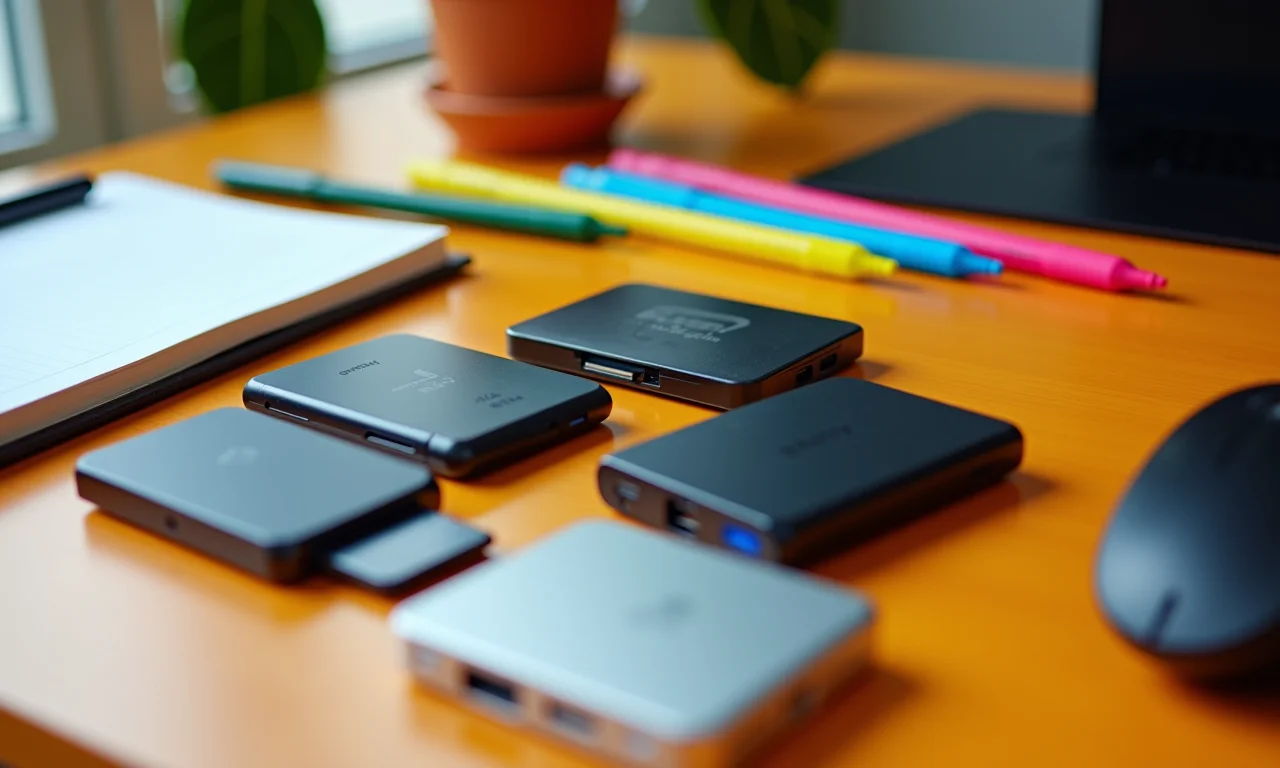 Diversos leitores de cartão de memória em uma mesa colorida.