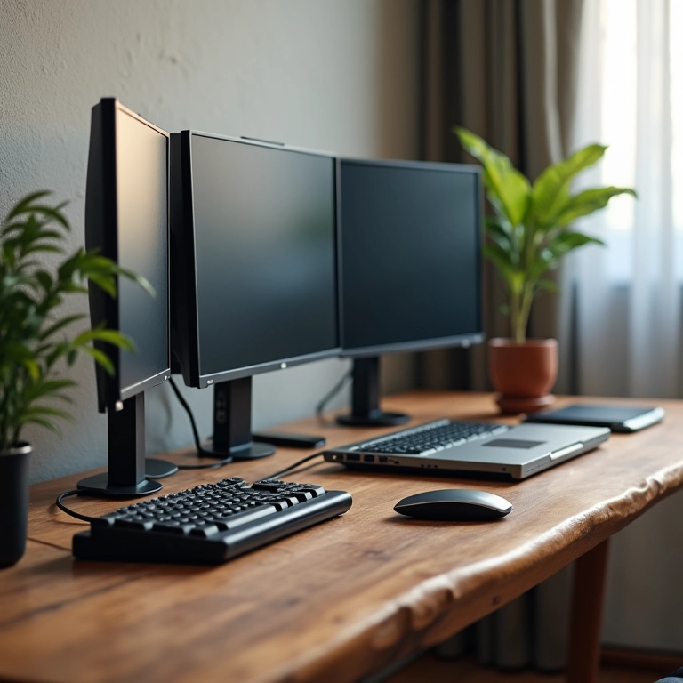 Dock station alimentando notebook, monitores e celular em uma mesa organizada.