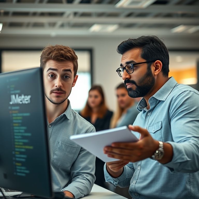 Dois desenvolvedores, um confuso com o JMeter, o outro explicando.