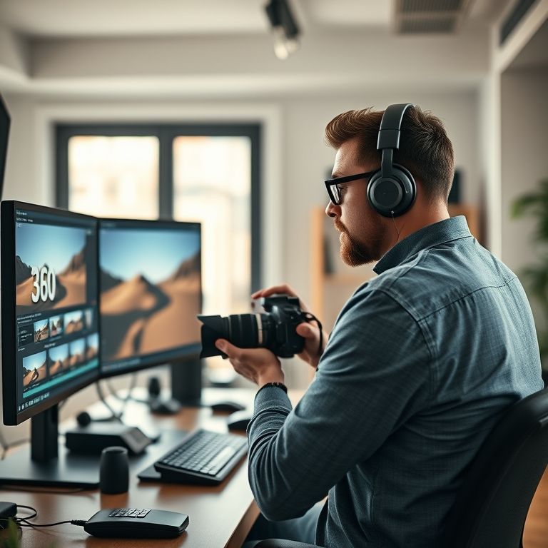 Editor de vídeo 360 trabalhando em um computador de alto desempenho.