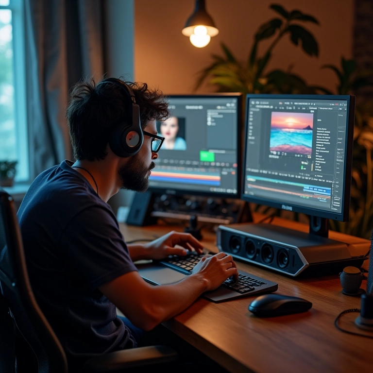 Editor de vídeo brasileiro trabalhando sem lentidão, graças ao SSD, em seu estúdio.